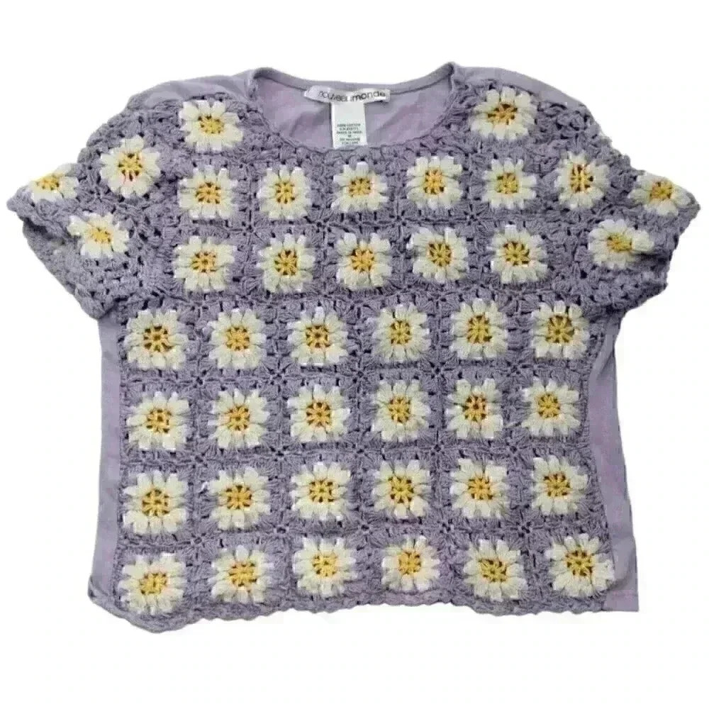 Women's Juniors Medium Pastel Purple Daisy Flower Crochet Knit Crop Top - Picture 1 of 7